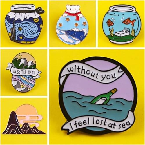 Mountain Scenery Pin Badges On Backpack Set Wave Fish Enamel Pins Lapel Pin Bags Badge Gifts Brooch Stripes For Clothes Badges