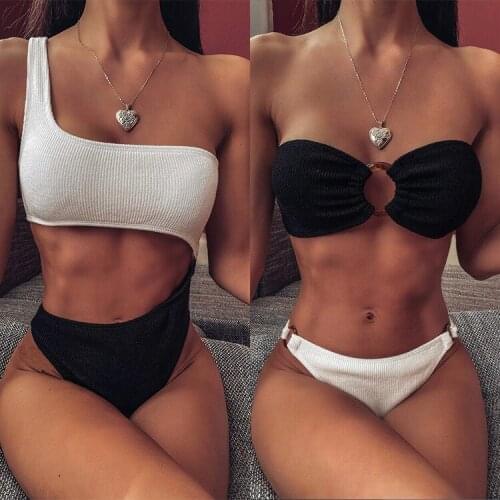 2021 Hot Sale Summer Womens Split Swimsuit Black White Beach Swimwear Steel Ring Female Swimsuit SW617