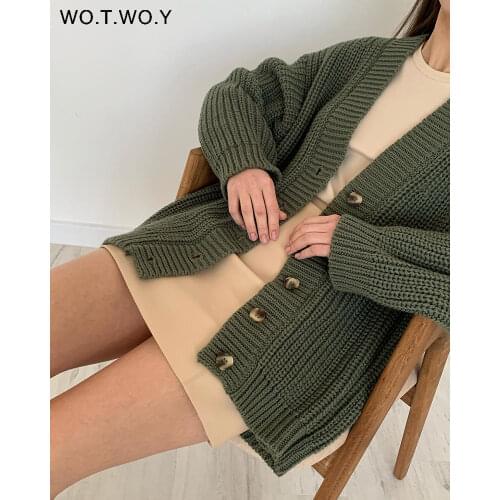 WOTWOY Autumn Winter Casual Oversized Knitted Cardigan Women Button V-Neck Loose Sweater Coats Female Korean Long Sleeve Jumper