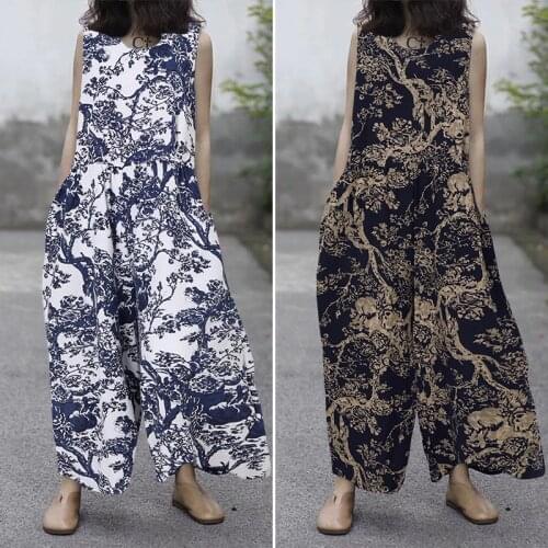 ZANZEA Wide Leg Jumpsuit Women Sleeveless Plaid Summer Overalls Vintage Check Pants Pleated Pantalon Playsuits Rompers