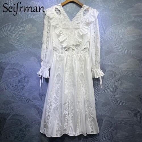 Seifrmann Summer Women Fashion Designer Party Midi Dress Ruffles Lace Hollow Out Flare Sleeve Solid Printed Ladies ALine Dresses