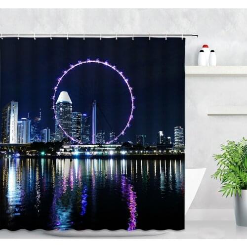 London Night View Shower Curtains Blue Ferris Wheel City Scenery Waterproof Cloth Bathtub Screen Home Decor Bathroom Curtain Set