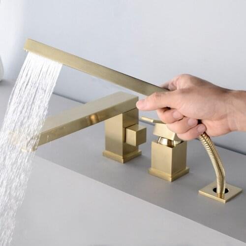 Brushed Gold brass square bathroom Bathtub faucet set 1 handle 3 holes mixer faucet High grade design Rotatable shower Tap
