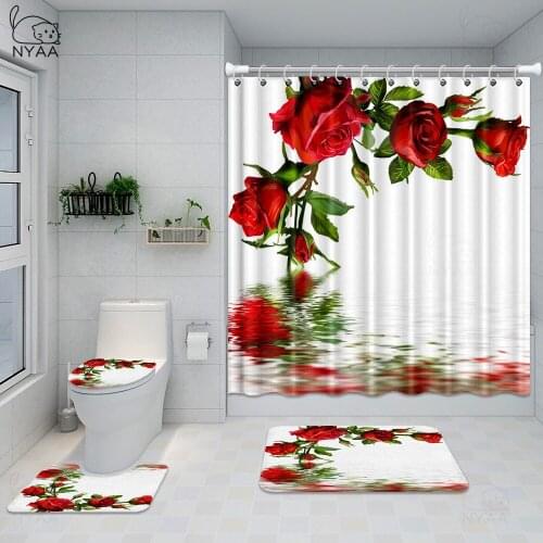 Red Rose Bathroom Non-slip Mat Set Durable Waterproof Shower Curtain Set Pedestal Rug Lid Toilet Cover Bath Mat Rugs