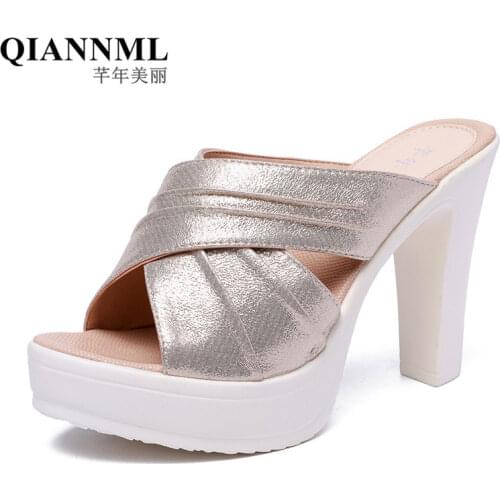 Plus Size 33-43 Summer Open Toe High Heels Shoes Women Slippers 2021 Block Heels Slides Ladies Office Slipper Gold Silver