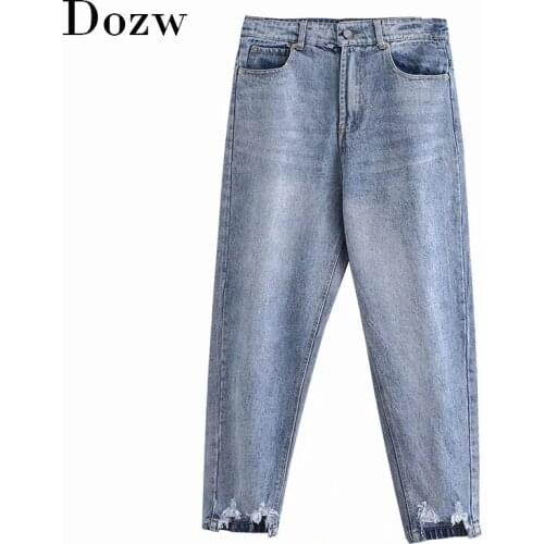 Casual Blue Color Harem Pants Women Holes Scratched Retro Long Length Jeans Lady Baggy Loose Trousers Pantalon Femme