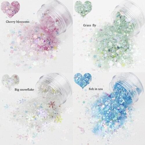 50g Nail Glitter Powder Flakes Snowflake Heart-shape Maple Butterfly Design Powder Nail Art Glitter Mixed-Size Powder x12 Styles