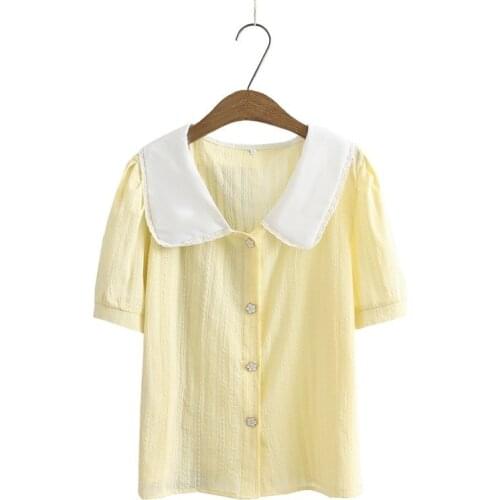 Plus Size XL-4XL Full Cotton Button Up Yellow Black Tops Women Short Sleeve Summer Blouse Simple Elegant Blusas