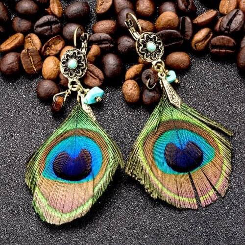 Ethnic natural peacock feather pendant earring earings Vintage boho wood beads metal leaf flower earrings for women jewelry gift