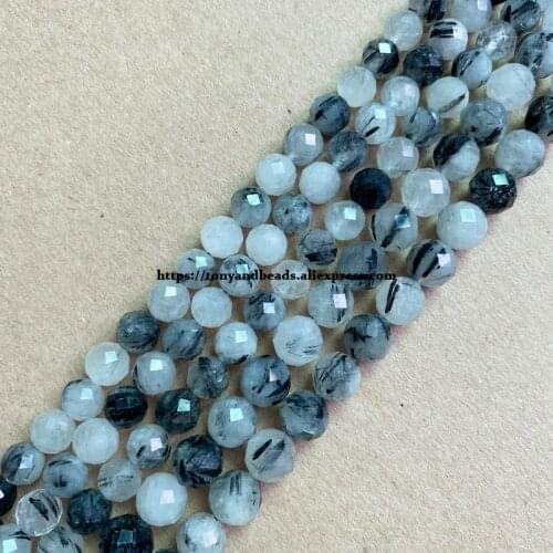 2lots more 10% off ! Semi-precious Stone Diamond Cuts Faceted AA Quality Black Rutilated Quartz 7" Round Loose Beads 6 8 10 mm