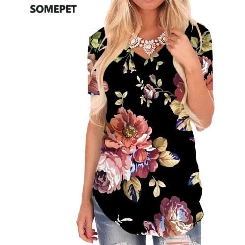 SOMEPET Flowers T-shirt women Colorful V-neck Tshirt Pattern Tshirts Printed Art T-shirts 3d Womens Clothing Fashion Cool