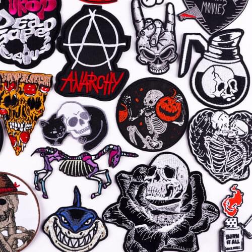 Iron On Patches Punk Skull Patches On Clothes Applique Skeleton Biker Embroidered Patches For Clothing Jacket Stickers Badges