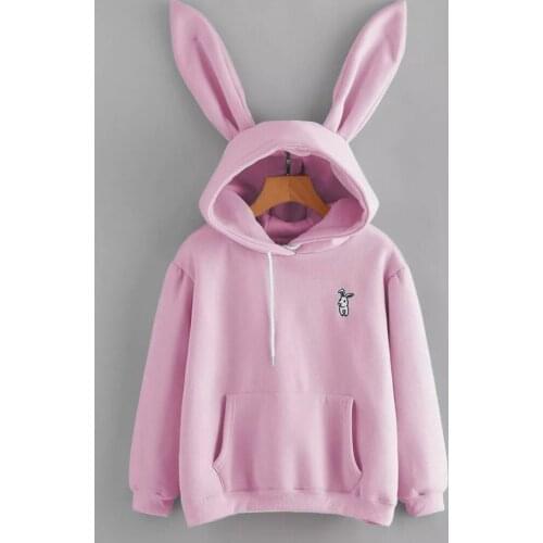 Kawaii Rabbit Ear Hoodie Sweatshirt Womens Long Sleeve Pullover Drawstring Hooded Sweatshirts Thicken Autumn Winter Clothes A40
