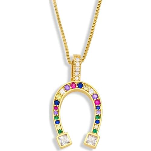 European And American Horseshoe U-Shaped Necklace With Color Zircon Small Design Clavicle Plated With 18K Gold
