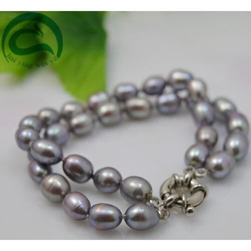 Genine Pearl Jewellery Gray Color Rice Freshwater Pearl Bracelet Double Rows 8-9mm Real Pearl Women Fine Jewellery