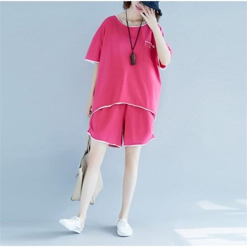 Summer Large Size Loose Casual Fashion Suit Splicing Pullover Round Neck Top + Elastic Waist Short Pants Two-Piece Set Female