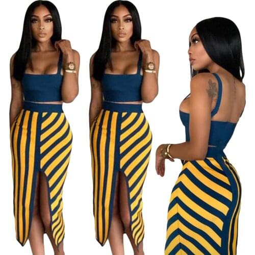 Casual Women Sling Tube Top and Skirt Suit Blue Stripe Female Suit