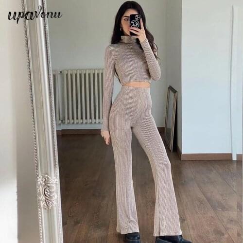 Free Shipping Casual Knit Pants Set 2021 Fall Womens O-neck Long Sleeve Open Back Lace-up Short Top & 2-Piece Straight Pants