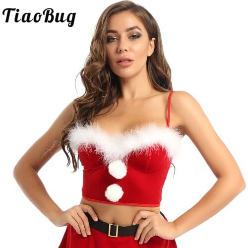 Women Christmas Costume Faux Fur Trim Red Flannel Underwired Bra Corset Sexy Bustier Cami Crop Tops Xmas Party Rave Dress Up