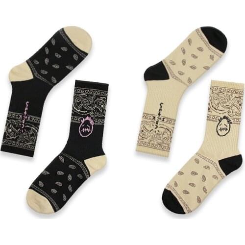 1Pair Women Sock Casual Cashew Flower Pattern HipHop Style Sports Socks Breathable Cotton Unisex Mid Tube Socks