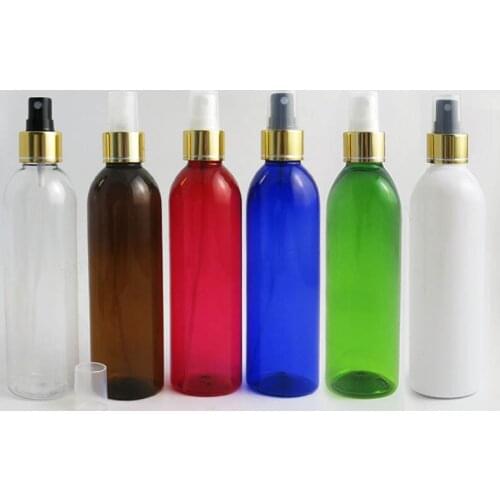 250ml Empty Clear Amber Blue Green White plastic bottle Wash Cleanser Kitchen Water Spray Bottle With Gold Silver Sprayer 30pcs
