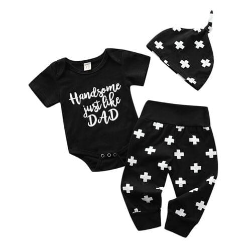 Cute Baby Boy Girl Unisex Clothes Print Shirt Romper Bodysuit Pants Hat 3PCS Set