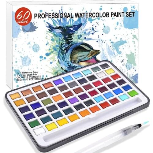 Abelle 60 Colors Portable Travel Solid Pigment Watercolor Paints Set With Water Color Brush Pen For Painting Art Supplies