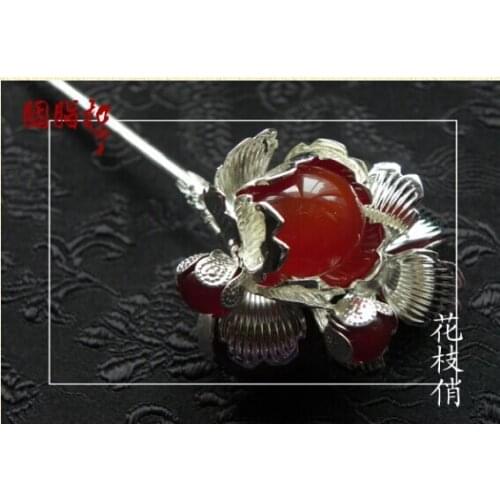 Natural Red Agate Pretty Flower Hua Zhi Qiao Hair Stick Hanfu Costume Hair Accessory Hair Jewelry