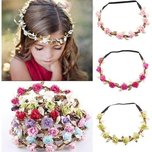 2020 New FLower Hairband Cute Kids Hair Accessories Gold Leaves Flower Headband Girls Elastic Crown Garland Wreath Hairband