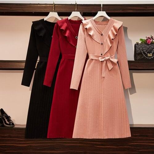 EHQAXIN Dresses For Women 2021 Fall Winter V-Neck Long Sleeve Wood Ear Knit Dress French Button Long Sweater Lace-Up Dress M-4XL