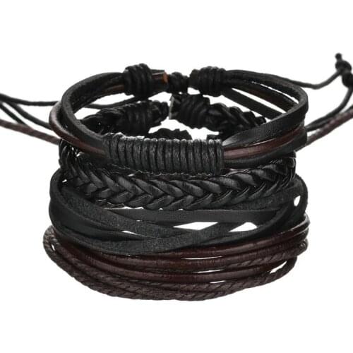 Vintage Handmade Feather Multilayer Leather Bracelet Sets Men Fashion Braiding Coffee Rope Wrap Bracelets & Bangles Male Gift