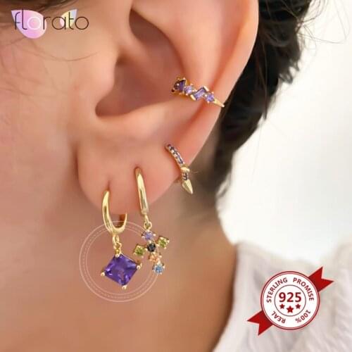 INS White/Purple Square Zircon Pendant 925 Sterling Silver Hoop Earrings for Women Round Circle Earrings Silver Jewelry