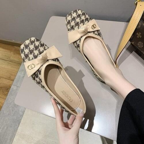 Spring 2021 New Flat Square Shoes with Soft Soles and Ladle Shoes with Fairy Bow Style Shoes Woman