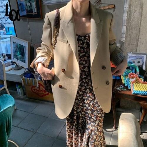 Luck A Women Spring Loose Blazers Vintage Business Korean Fashion Double Breasted Blazers Casual Office Lady Chic Jackets