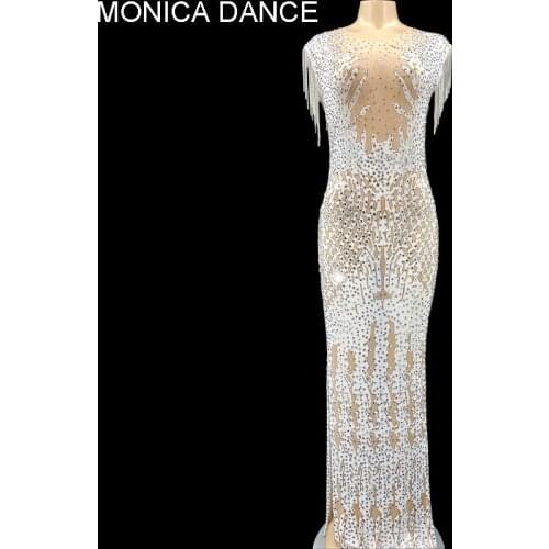 Women Sexy Stage Sparkly Crystals Chain Mesh Perspective Long Dress Evening Birthday Party Dress Singer Performance Dance Dress