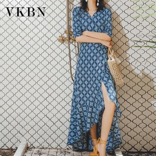 VKBN Summer Dress Woman 2021 Casual Irregular Geometric Printing Half Sleeve Party Night Dress Elegant Vestidos De Fiesta