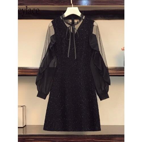 Plus Size Women Vintage French Lace Patchwork Long Sleeve Bow Collar Dresses Women Ruffles Patchwork High Waist A-line Vestidos