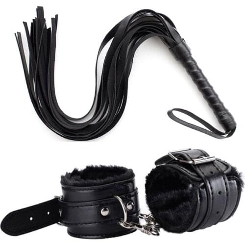 2pcs/set PU Leather Erotic Handcuffs Anklecuff Restraints with Whip BDSM Bondage Slave Sex Toys for Couples Adult Game Flogger