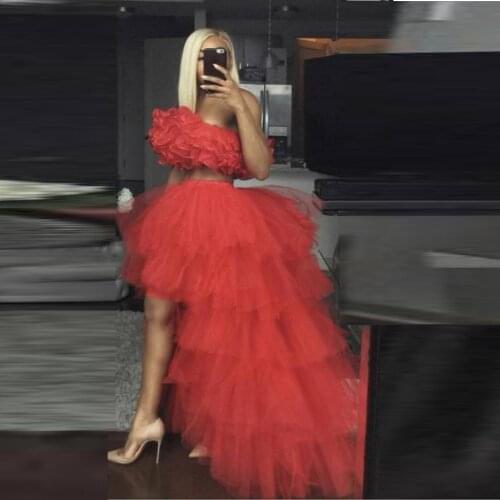 2 Pieces Chic Red Tulle Ruffled Set Top Blouse Puffy Skirt vestido de festa Custom Off Shoulder Ruffles Party Dress Long