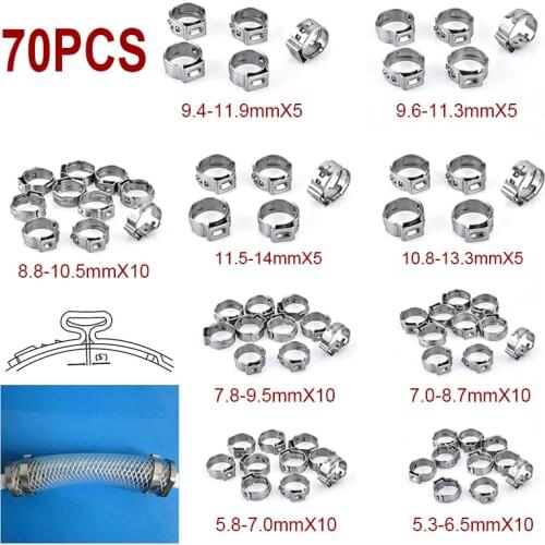 70pcs Single Ear Stepless Hose Clamps 5.3-14.0mm 304 Stainless Steel Hose Clamps Cinch Clamp Rings for Sealing Kinds of Hose