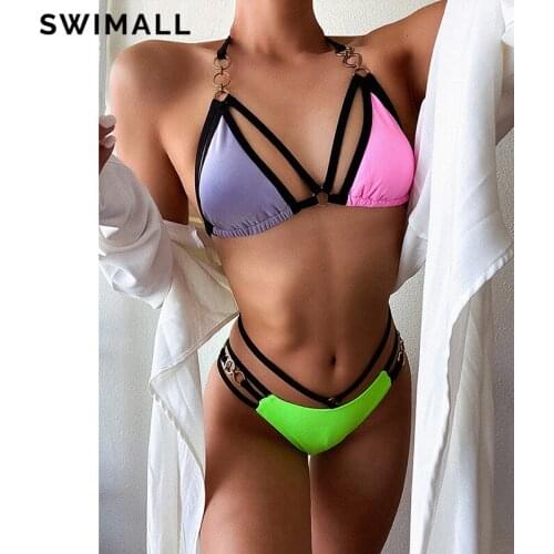 Metal Rings Splicing Bikini 2021 Swimsuit Female Swimwear Women Halter Bandage Bikini Set High Cut Bathing Suit Bather Biquini