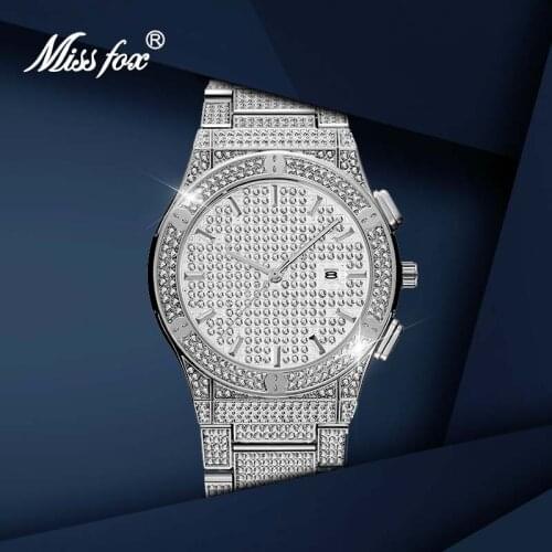 Missfox Big Silver Mens Watch Quartz Diamond Top Selling Watch Men Top Brand Luxury Calender Unique Iced Out Clock Gift For Men