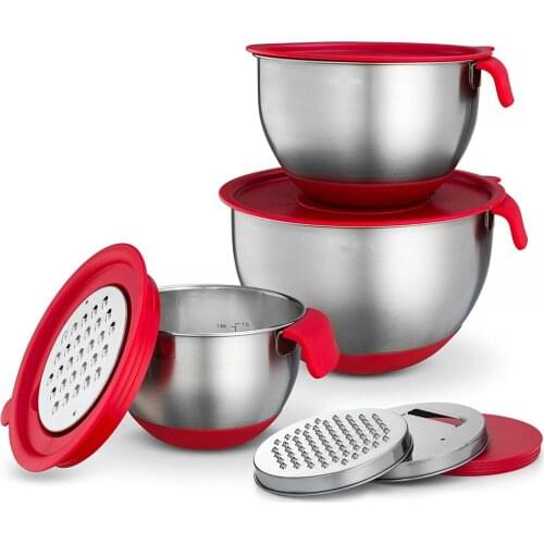 1.6L Solid Frost Stainless Steel Non-Slip Mixing Bowls with Grater Attachments Pour Spout Handle and Lid Nesting Baking Tools