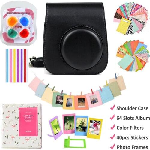 For Fujifilm Instax Mini 11 / Instax Mini 9 Camera PU Leather Bag Case Charcoal Gray+ Album + Photo Frames + Stickers (Optional)