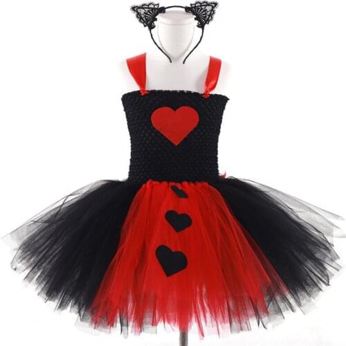 Cat Cosplay Tutu Dresses for Children with Headband Black Red Lace Queen Cosplay Cartoon Toddler Baby Girls Party Clothes