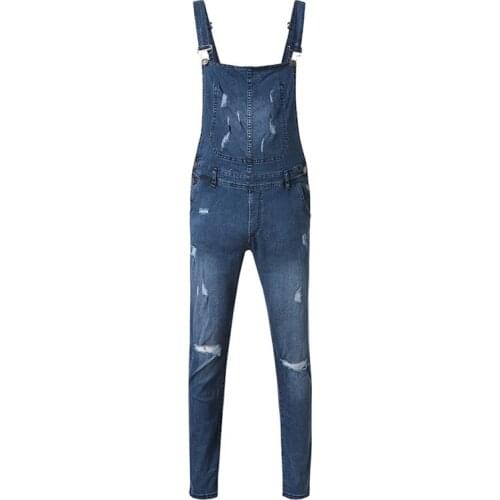 Mens Denim Ripped Overalls Washed Tight Trousers