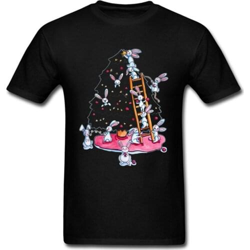 Merry Christmas T-shirt Men Retro Word Art T Shirt Rabbit Xmas Tree Print Tshirt Kawaii Women Clothes Black Tops Tees Cotton
