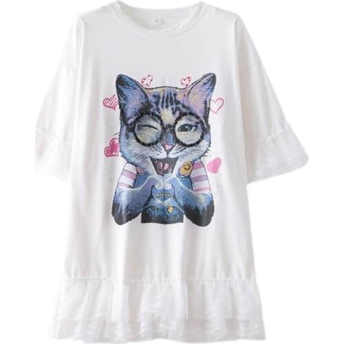Harajuku Style Cute Cat Print Sweet Wild Round Neck Loose Temperament Casual Lace Stitching T-shirt 2021 Summer New Female
