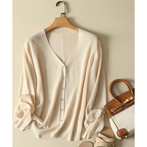 Thin Knitted Women Cardigan Solid Loose V-Neck Casual All Match Female Outwear Coats Tops