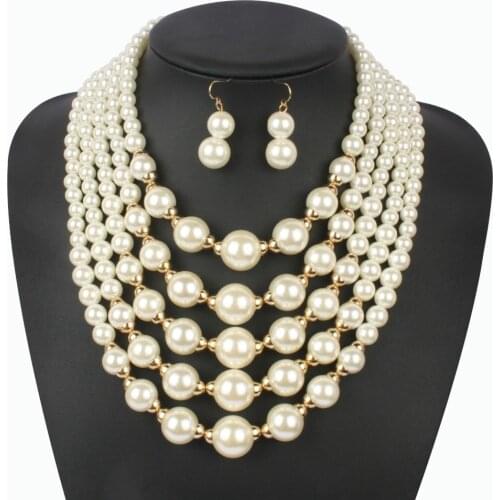 Simulated pearl African Beads Jewelry Set 2019 wedding fashion statement choker necklace bracelet earrings for women